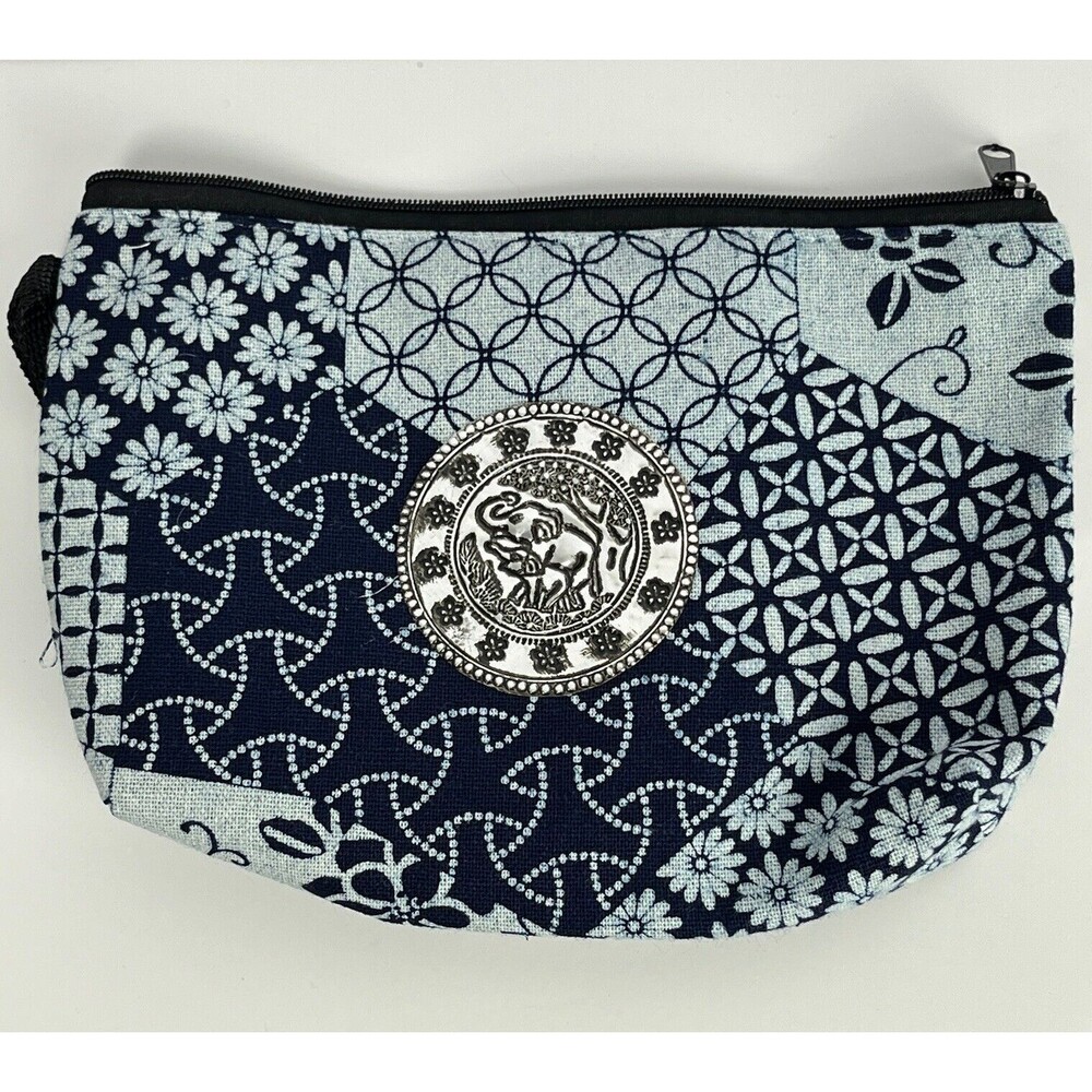 Cosmetic Makeup Case Travel Zip Bag Elephant Toiletry Organizer Blue Patchwork